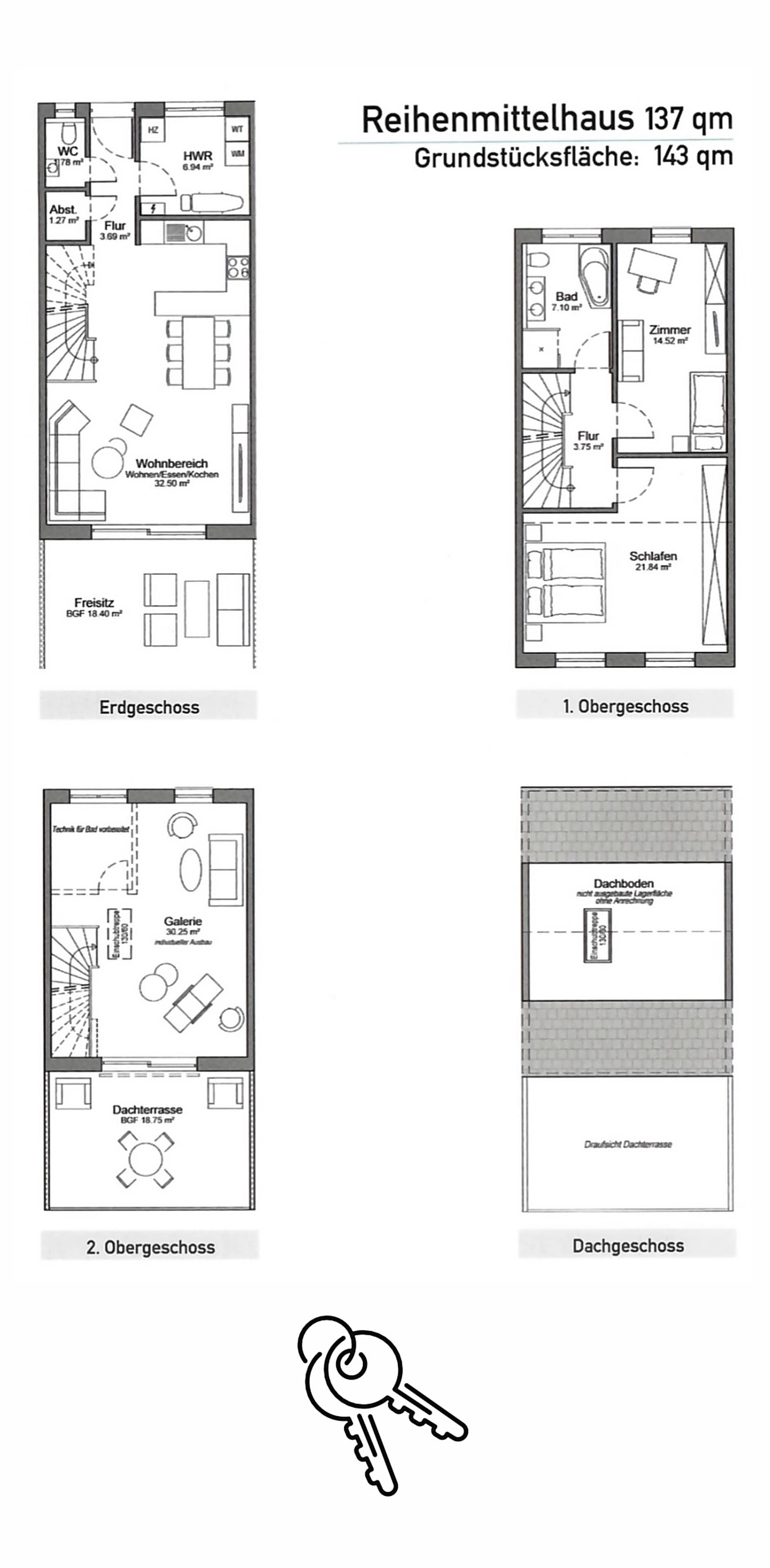 Grundriss alle Etagen – Reihenmittelhaus 137 m²