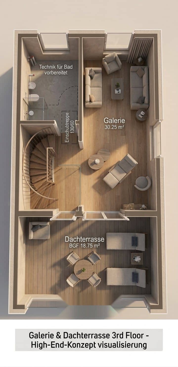 2. Obergeschoss – Galerie & Dachterrasse 3D Visualisierung